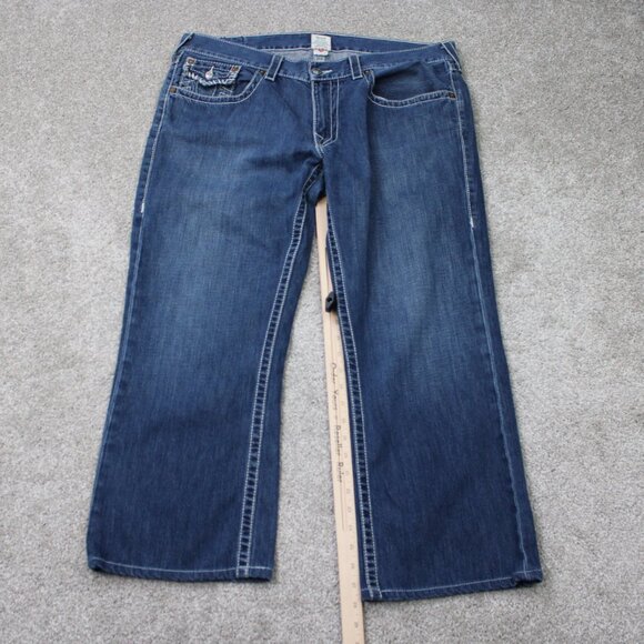 True Religion Boot cut Jeans Mens 38 Blue Bootcut Thick Stitch Denim 28" inseam - Picture 3 of 15